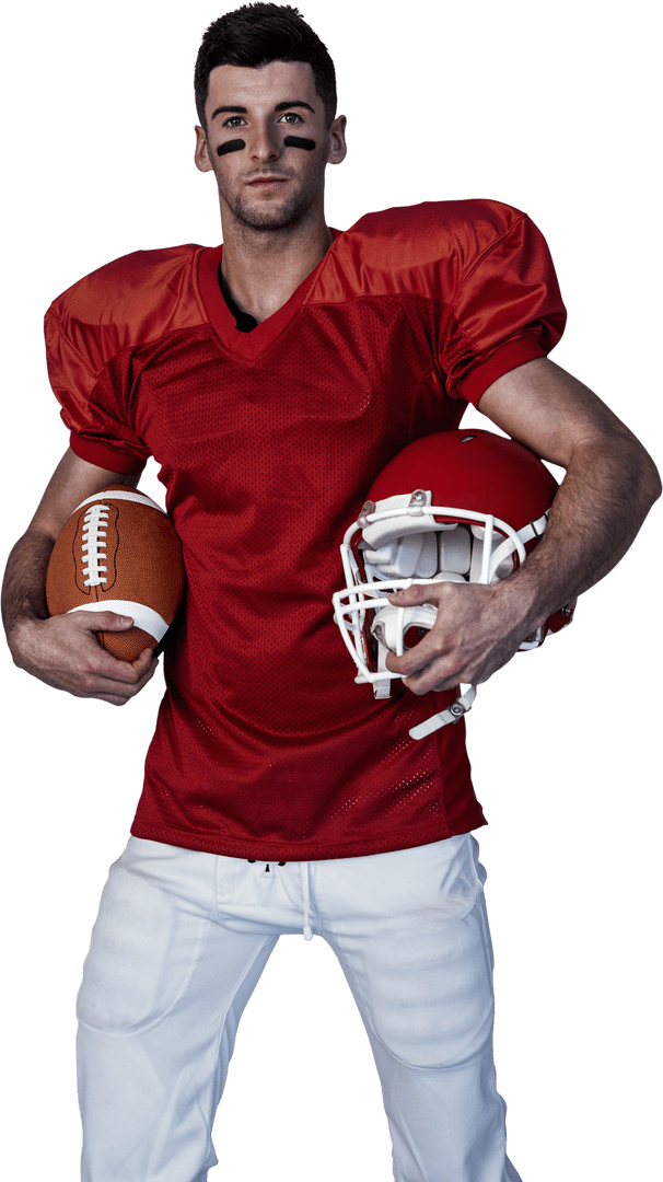 Transparent Rugby Player Holding Ball and Helmet