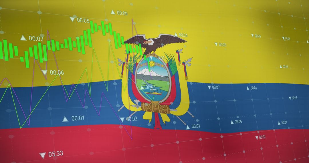 Ecuador Flag with Financial Data and Digital Interface Overlay