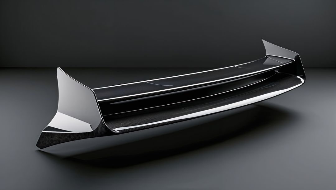 Sleek high-gloss rear spoiler design on reflective surface, streamline form