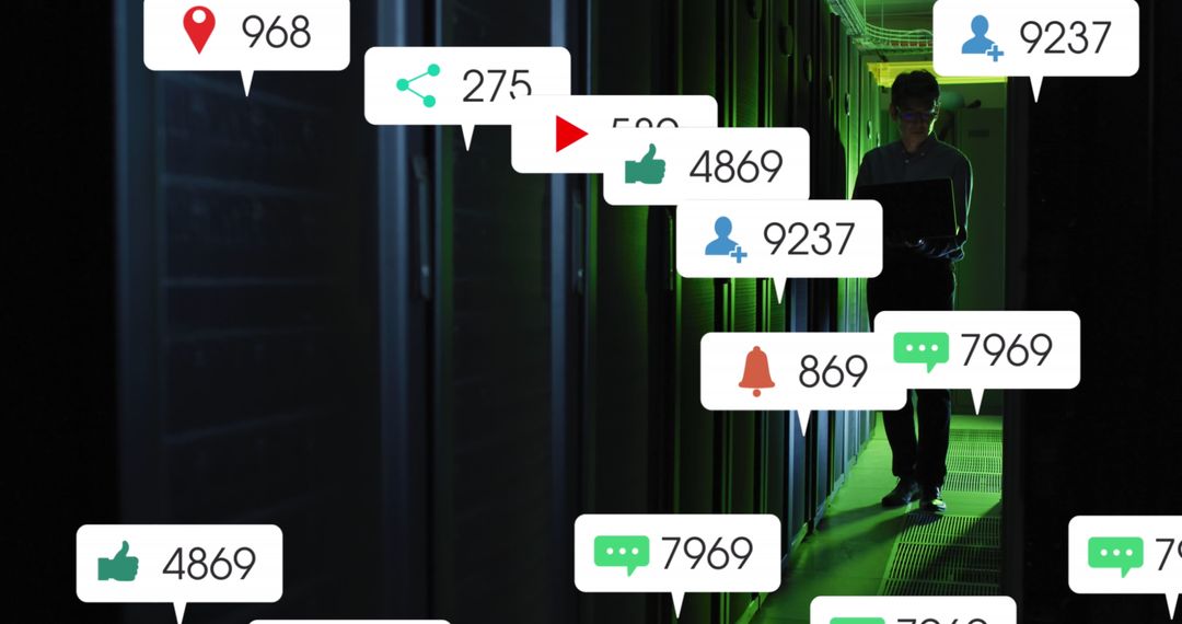 IT Technician Analyzing Data with Social Media Analytics Icons