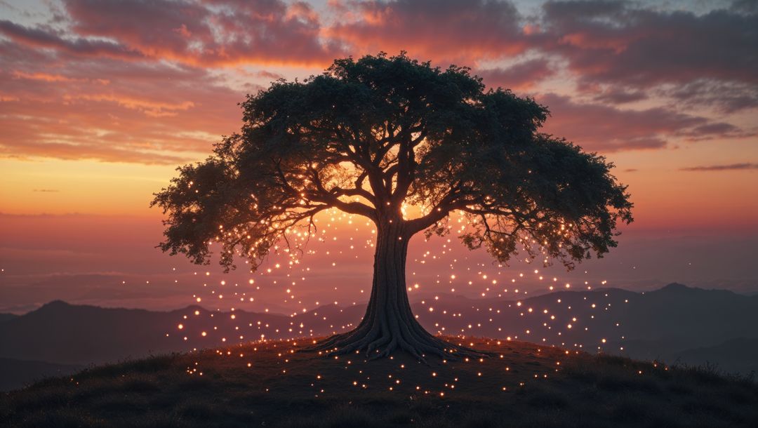 Mystical dreaming tree with glowing sparkles at twilight on hilltop