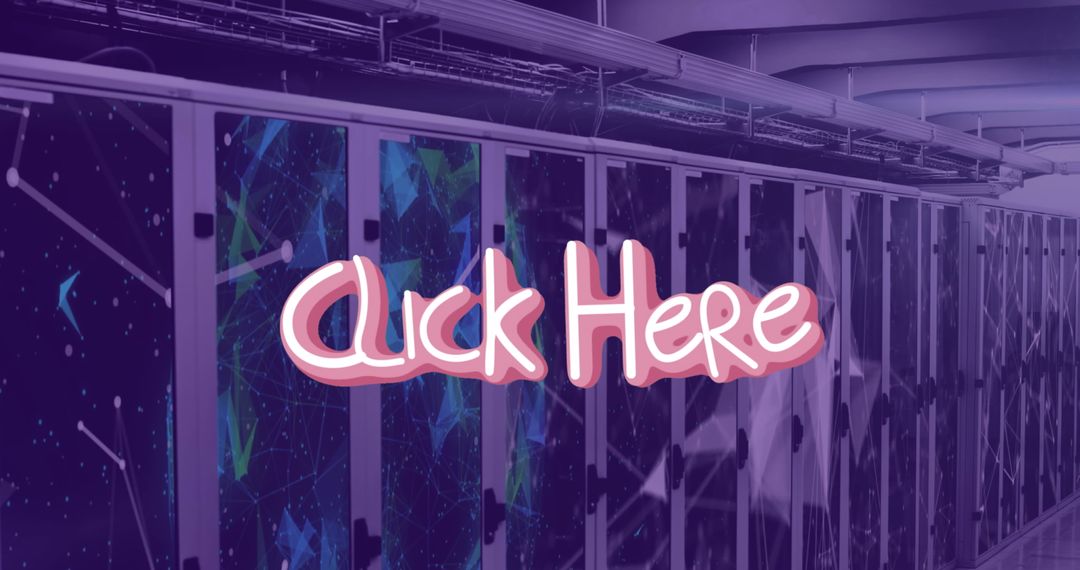 Neon Click Here Text Overlay on Futuristic Server Room