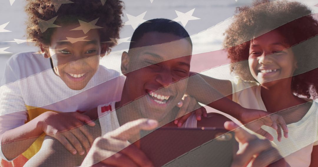 Image of american flag over african american father and children taking selfie - Free Images, Stock Photos and Pictures on Pikwizard.com
