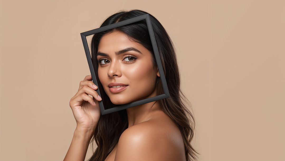 Elegant Woman Framing Her Face with Square Frame, Modern Minimalist Style