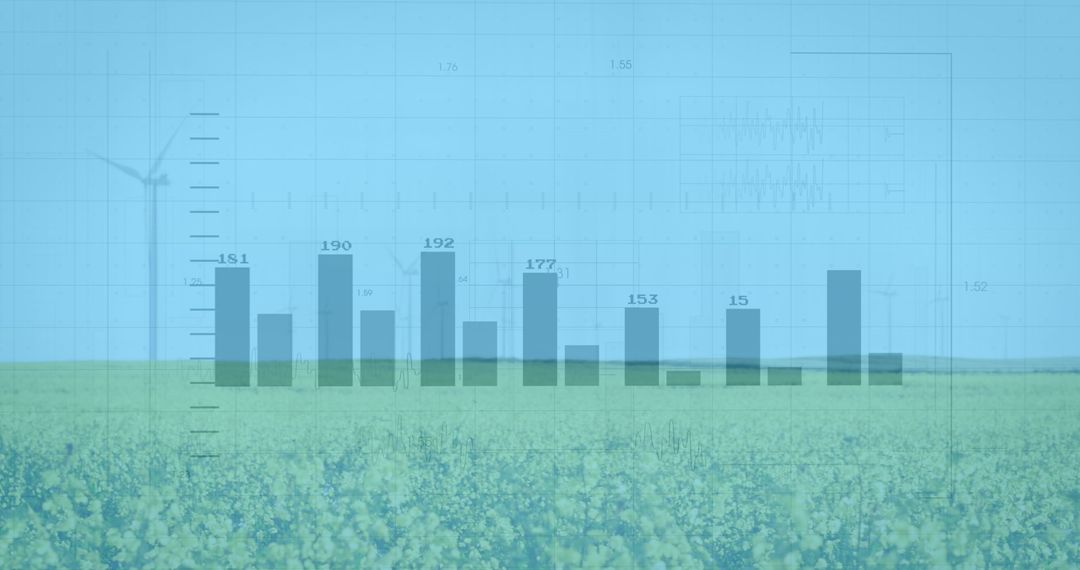 Financial Data Overlay on Wind Farm and Countryside Landscape