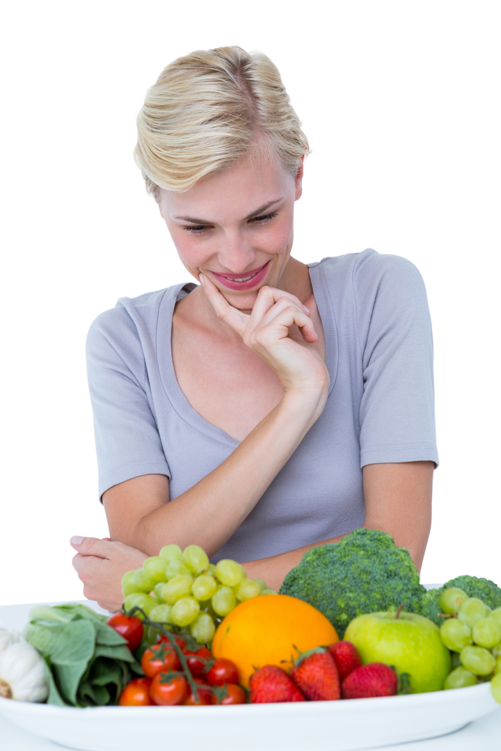 Happy blonde woman with transparent background sitting above healthy food selection - Download Free Stock Images Pikwizard.com