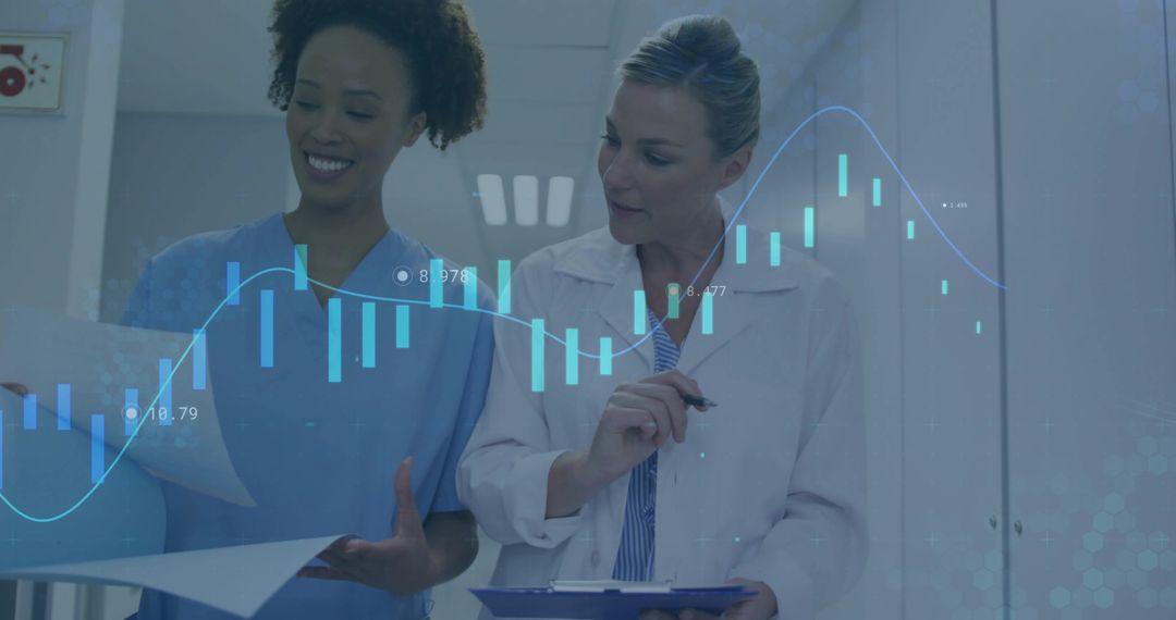 Doctors Analyzing Reports with Financial Chart Overlays