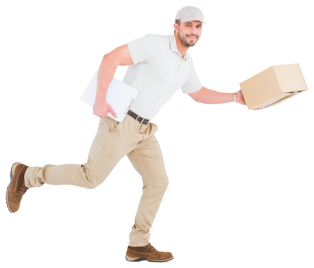 Energetic Delivery Worker Running with Cardboard Boxes, Transparent Background