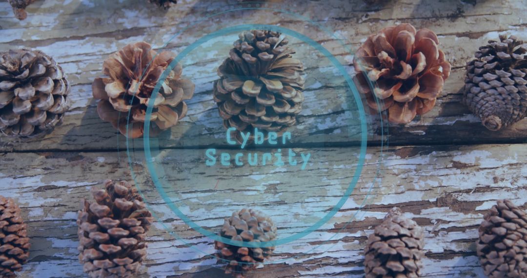 Futuristic Cyber Security Concept with Pine Cones on Weathered Wood