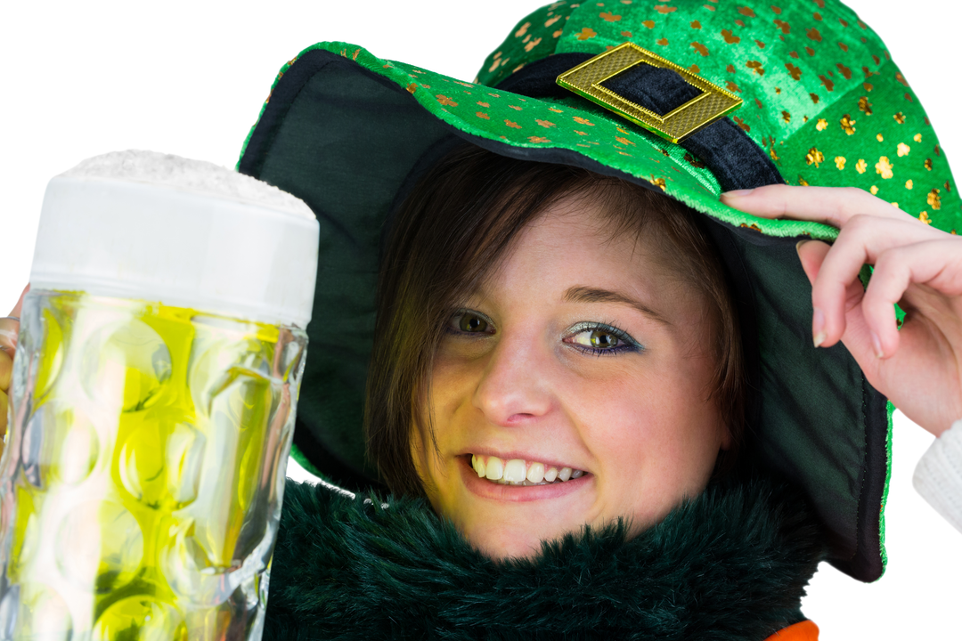 Close-up of Cheerful Woman in Transparent Green Costume Holding Beer Mug - Download Free Stock Images Pikwizard.com