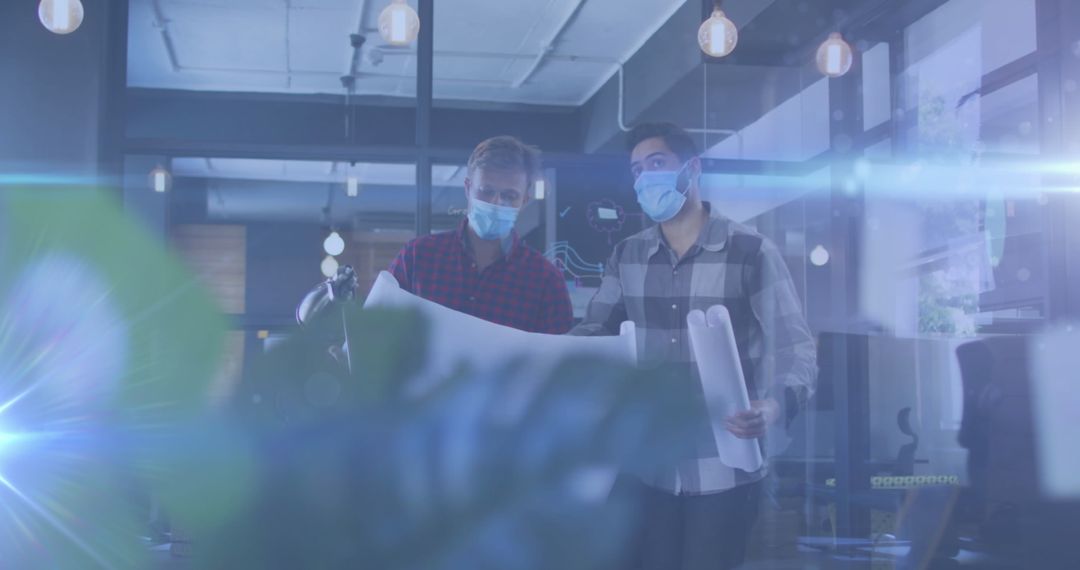 Office Work in Pandemic with Masked Colleagues Reviewing Plans