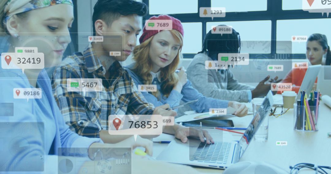 Diverse Team Collaborating with Digital Data Tags in Modern Office