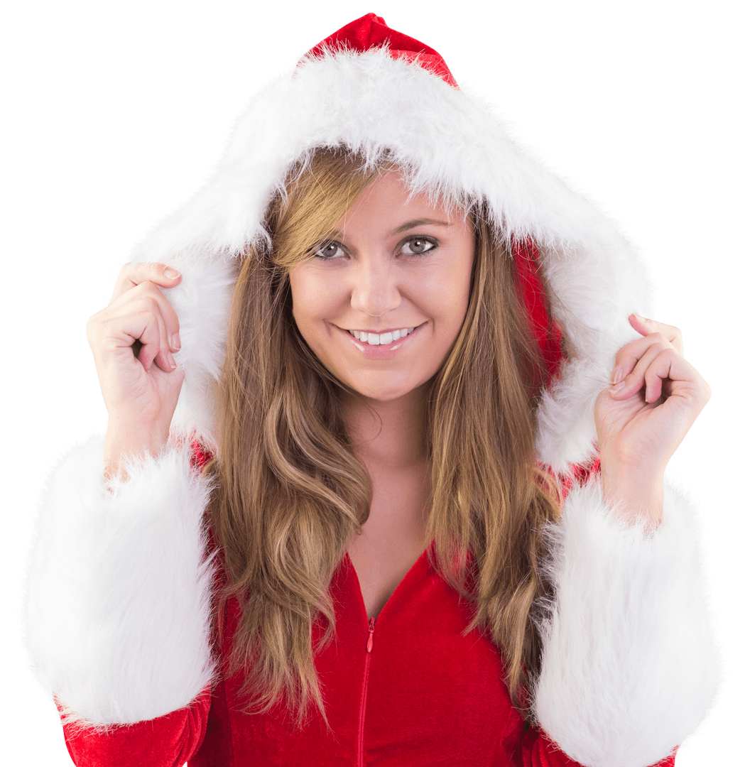 Smiling Woman in Festive Santa Outfit on Transparent Background