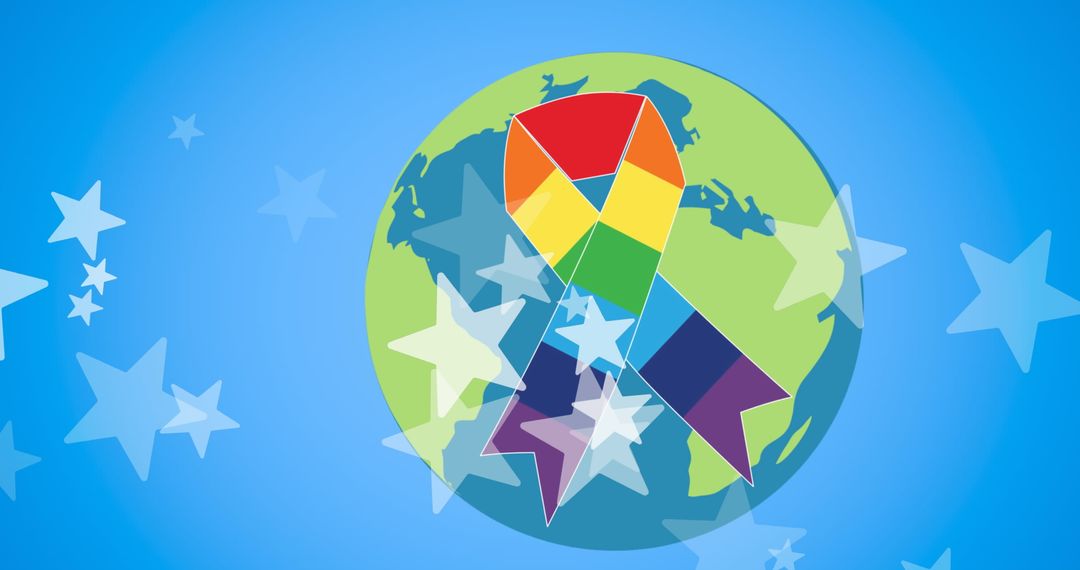 LGBTQ Rainbow Ribbon and Globe with Stars Overlay