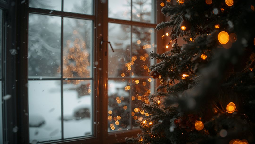 Cozy Christmas Tree with Twinkling Lights by Frosted Window