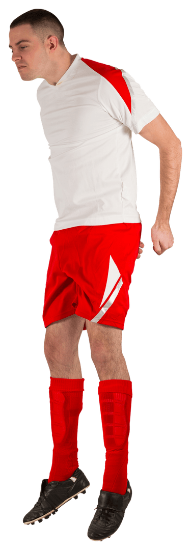 Transparent Football Player Jumping in Red and White Kit Energetically