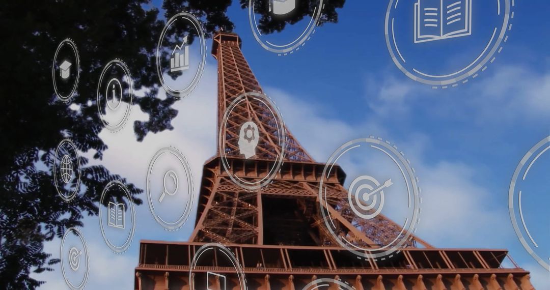 Eiffel Tower with Futuristic Technology Icons Overlay