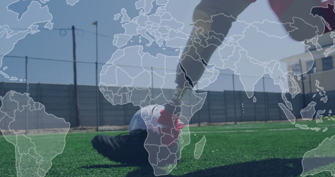 Athlete with Prosthetic Leg Playing Football on Field with World Map Overlay