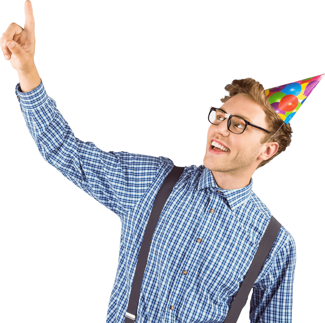 Happy Hipster with Party Hat Pointing Upward in Transparent Background