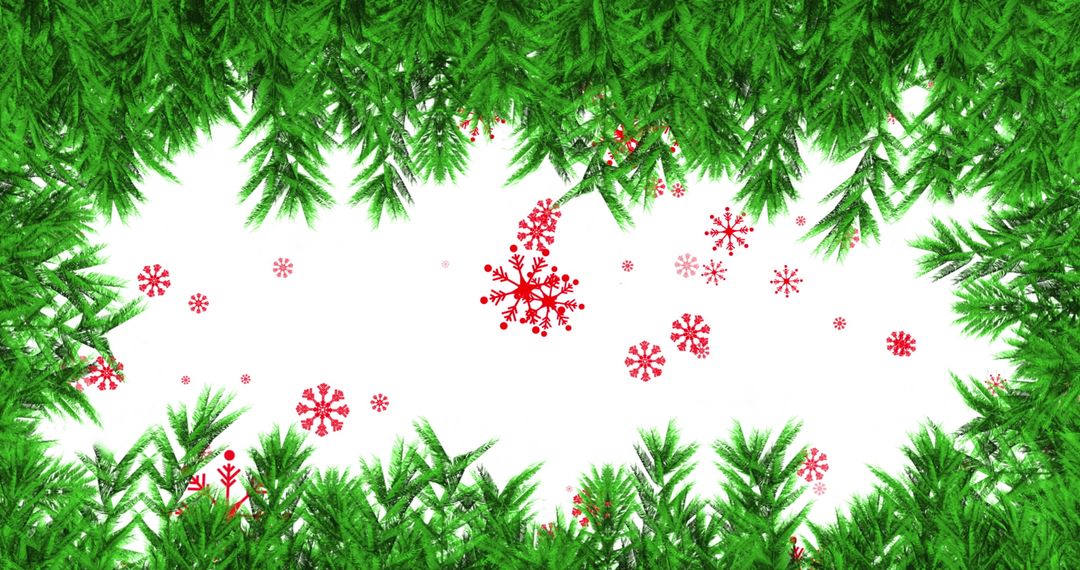 Festive Red Snowflakes with Lush Green Tree Branches Border