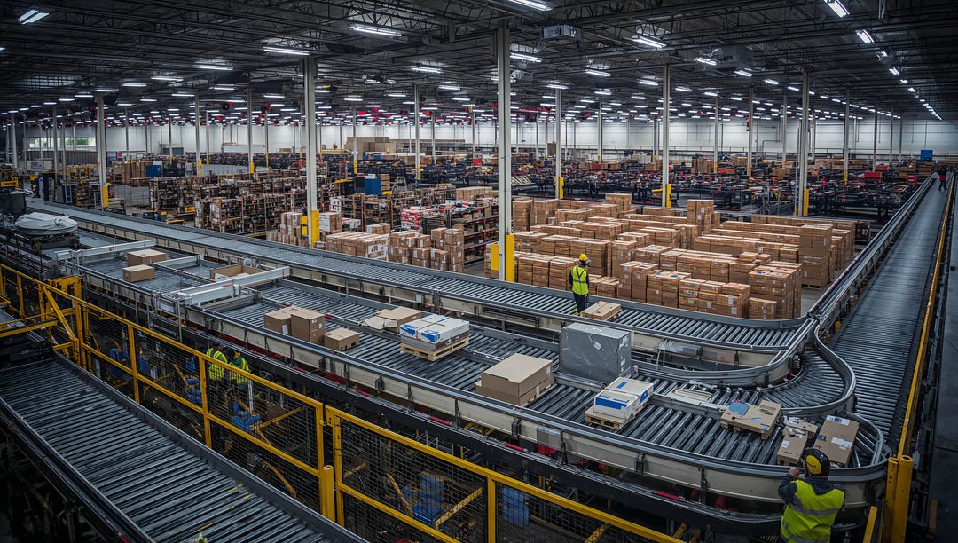 Warehouse Logistics Center with Automated Conveyor System and Workers Inspecting Packages