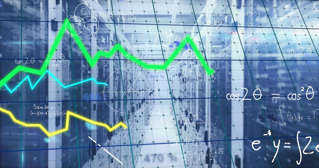 Futuristic Data Center with Graphical Overlays and Mathematical Equations