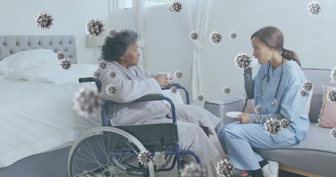 Nurse and Patient Amidst Virtual COVID-19 Cells in Healthcare Setting