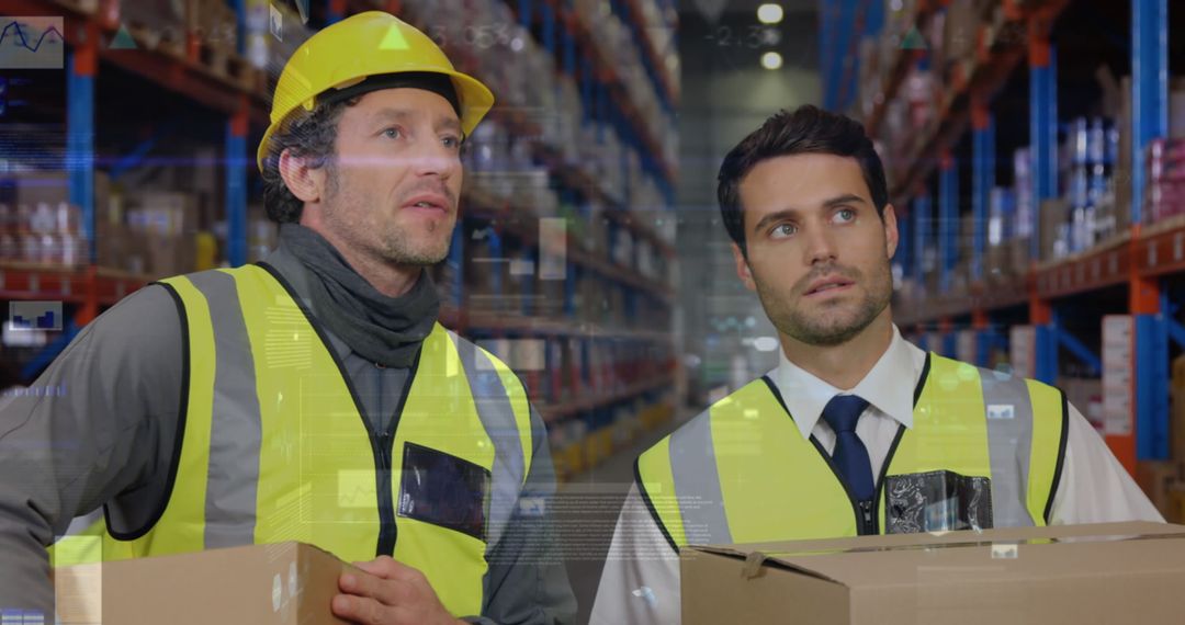 Warehouse Workers on Operations with Digital Interface Overlay