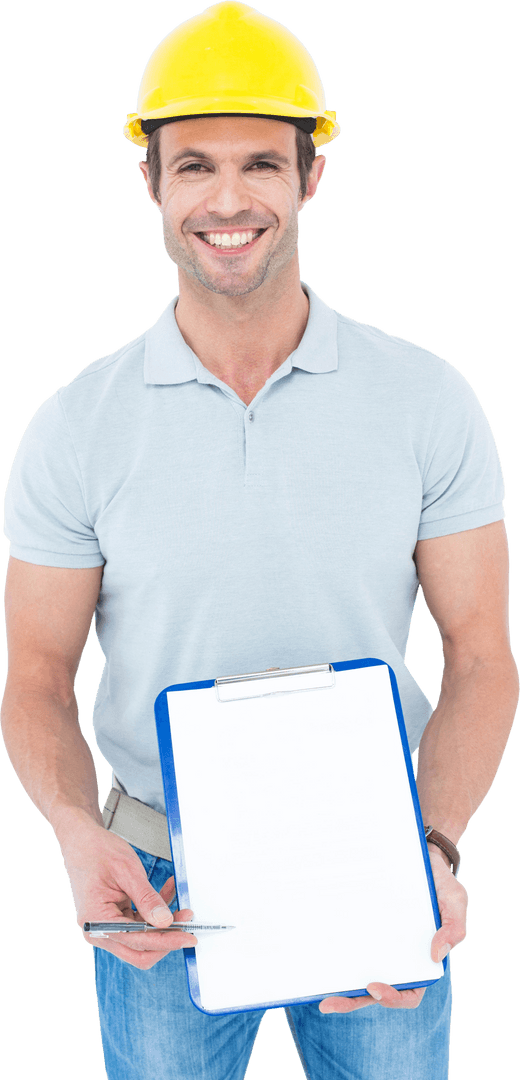 Confident Architect Holding Transparent Clipboard Smiling
