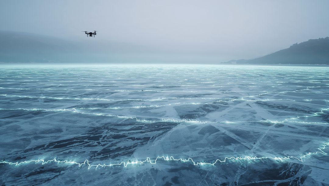 Hovering drone over glowing cracked frozen lake stretching to misty horizon