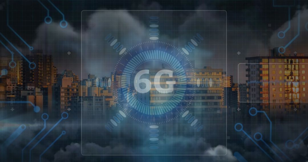 Futuristic Cityscape with 6G Technology Overlay