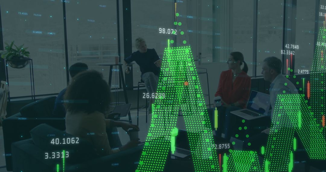 Team Meeting with Financial Data Graph Overlay in Modern Office