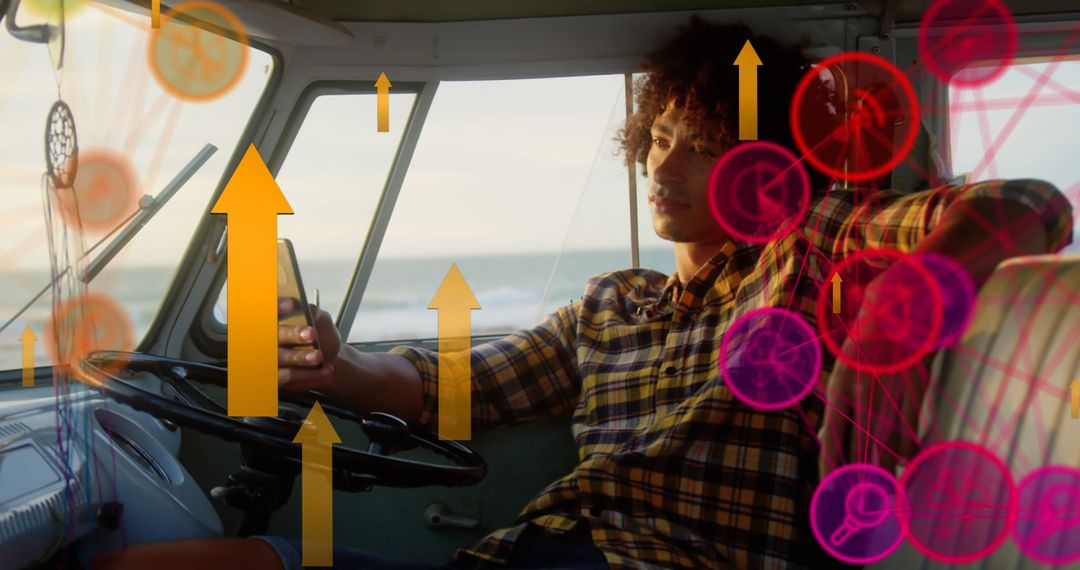 Man Enjoying Social Media While Traveling in Van