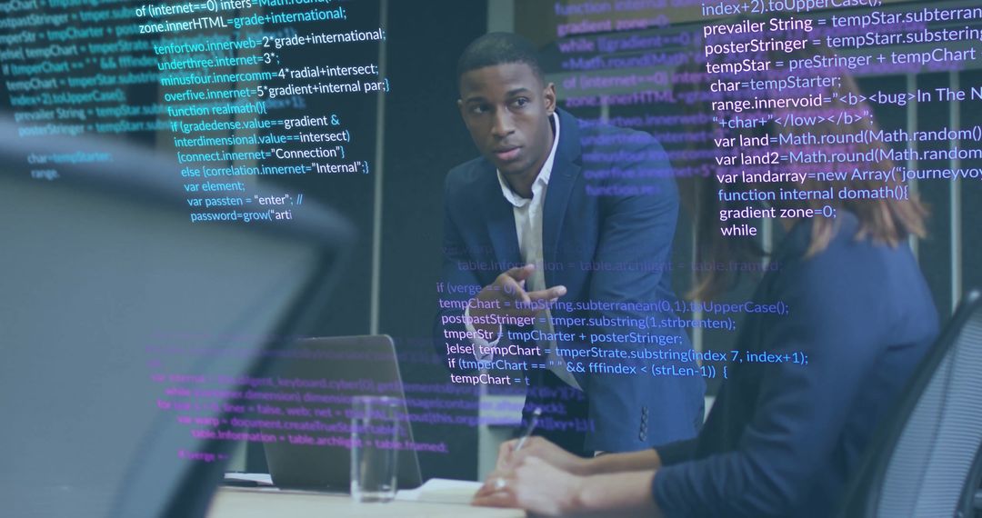 Business Professionals Analyzing Data with Futuristic Interface Technology