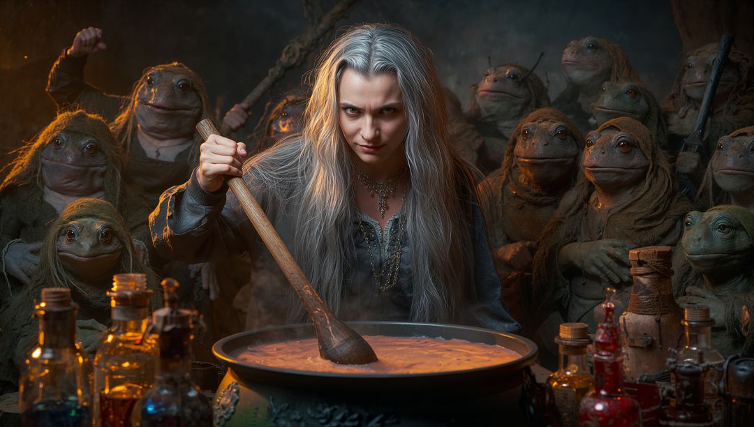 Sorceress Brewing Mystical Potion in Enchanted Cave Meeting