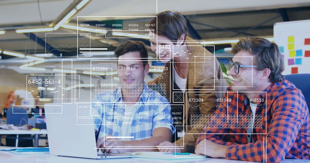 Team Analyzing Financial Data with Futuristic Interface in Office