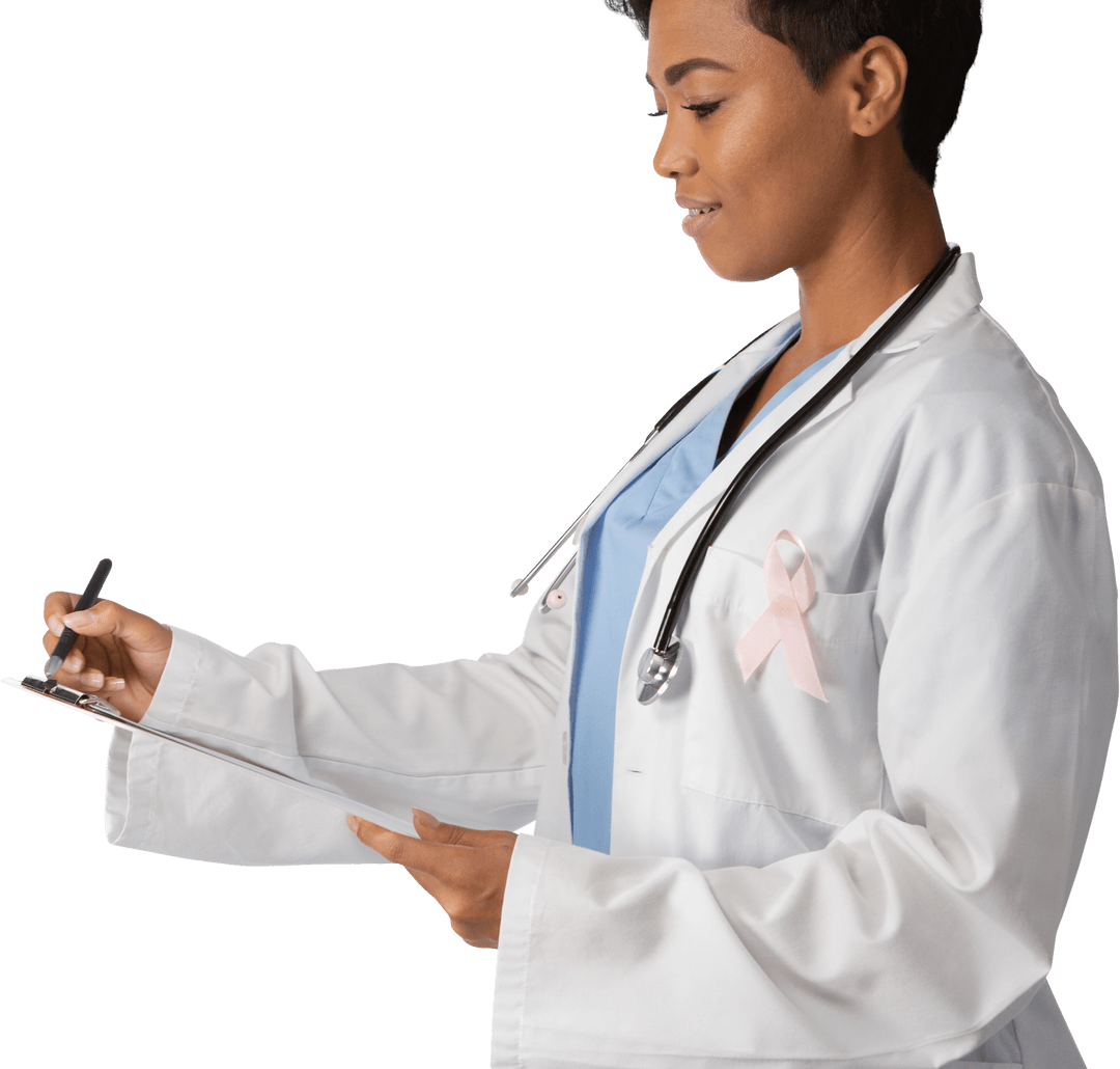 Transparent Doctor Wearing Pink Ribbon Writing Notes