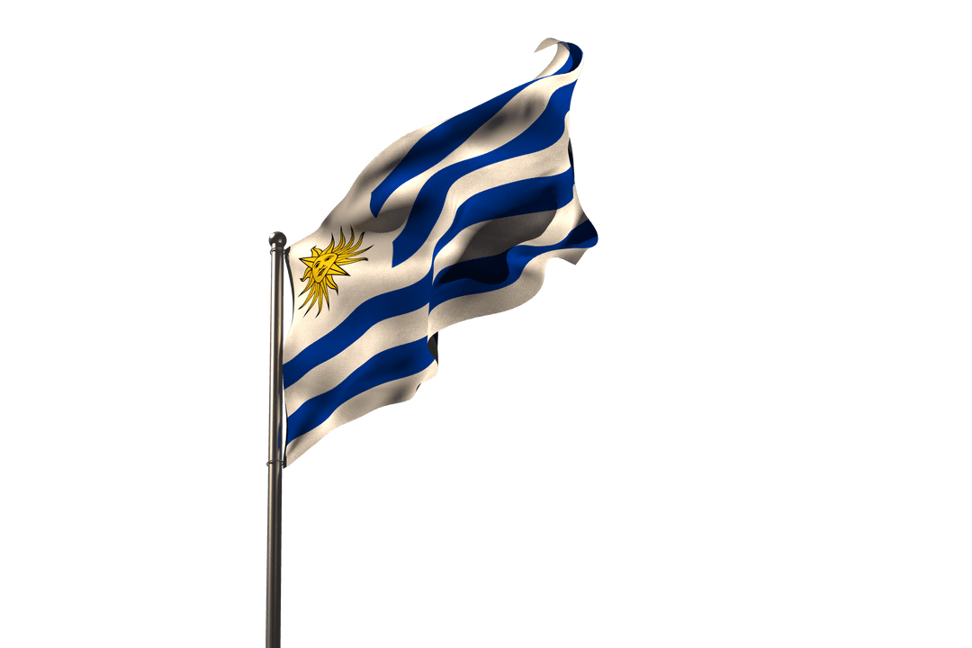 Transparent Uruguayan Flag Waving on Flagpole