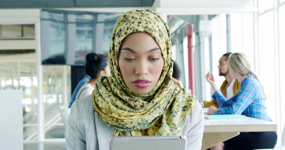 Woman in Hijab Engaged with Tablet in Modern Office Setting - Free Images, Stock Photos and Pictures on Pikwizard.com