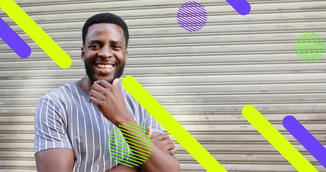 Smiling Man with Neon Graphic Elements Urban Background