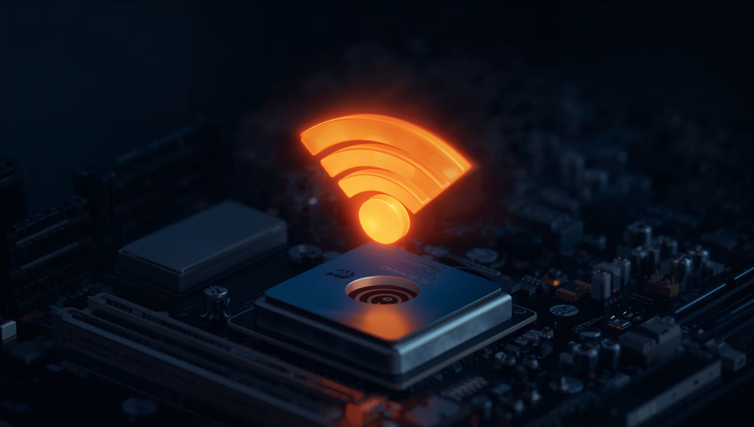 Glowing Wi-Fi Symbol on Circuit Board Illustrating Connectivity