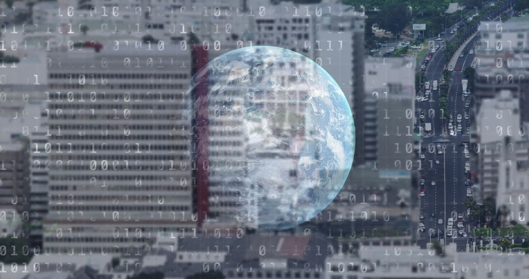Futuristic Digital Earth Over Urban Cityscape with Binary Code