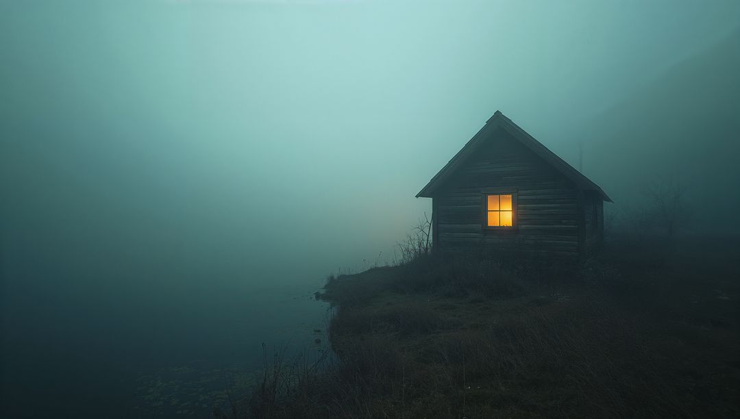 Solitary Wooden Cabin with Glowing Window in Foggy Wilderness