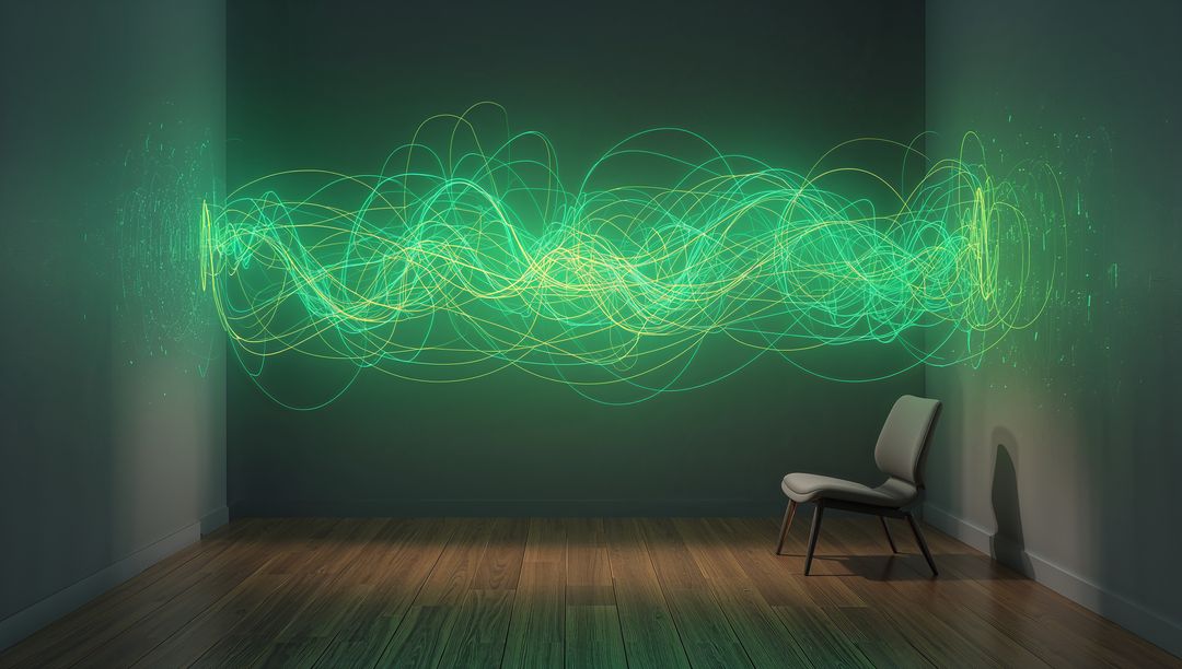 Glowing neon-green waveform spanning wall, illuminating minimalist gallery with lone chair