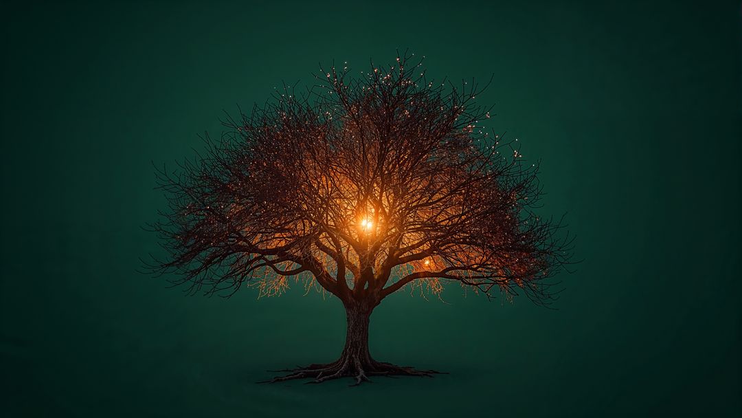 Magical Leafless Tree with Glowing Orb and Twinkling Lights