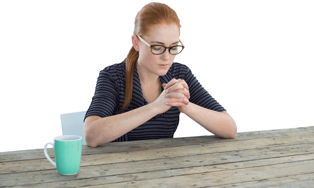 Transparent Pensive Woman Clasping Hands at Wooden Table