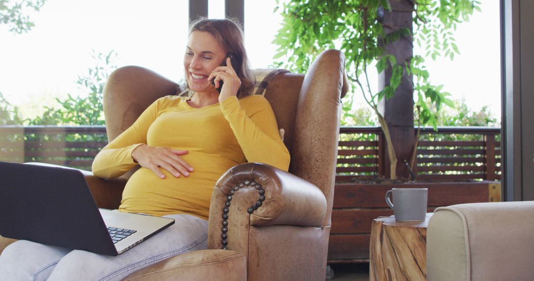 Smiling Pregnant Woman Phone Call Relaxing at Home