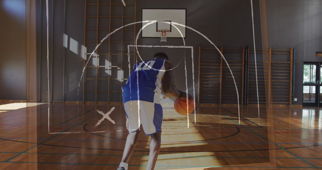 Virtual Basketball Strategy Overlay with Player Dribbling in Gym