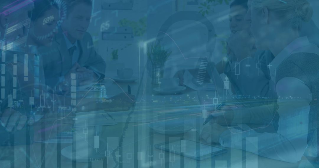 Diverse Team Collaborating in Futuristic Office with Financial Data Overlay