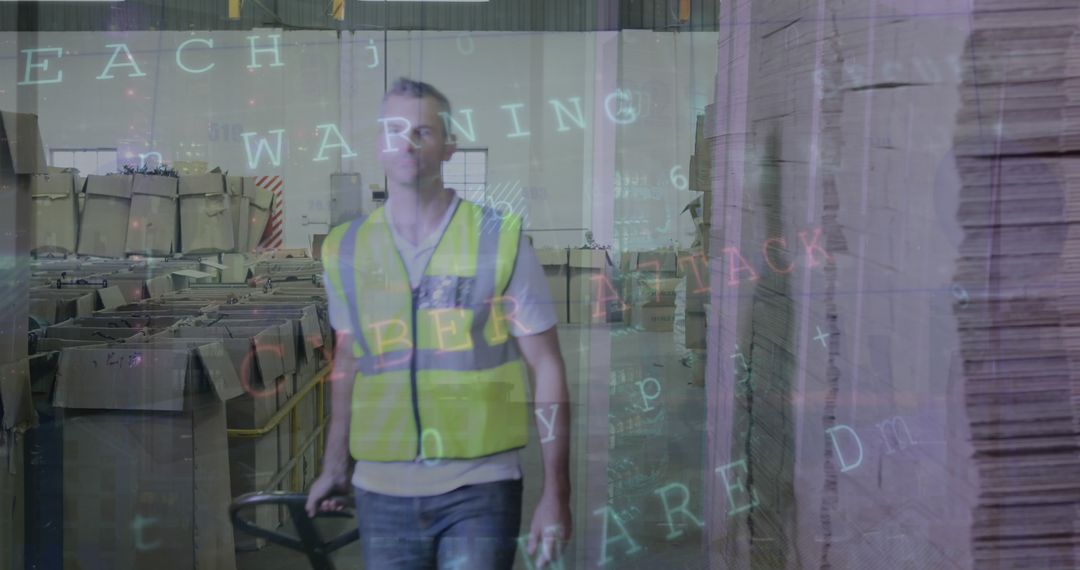 Warehouse Worker with High-Visibility Vest Navigating Logistics Area